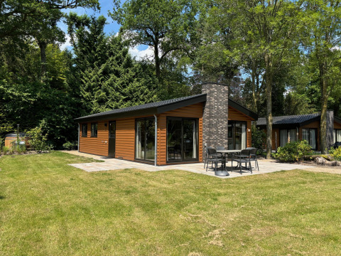 Moderne lodge met terras en tuin bij Hackfort Wood Hottub 6, De Utrechtse Heuvelrug, Nederland.