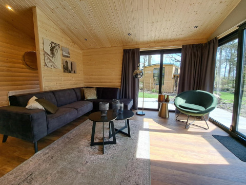 Salon moderne au Hackfort Wood Hottub 6, De Utrechtse Heuvelrug, Pays-Bas, avec de grandes fenêtres et des murs boisés.