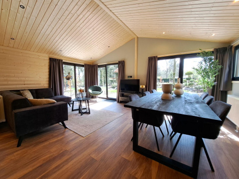 Salón moderno en la cabaña Hackfort Wood Hottub 6, De Utrechtse Heuvelrug, Países Bajos, con ventanales.
