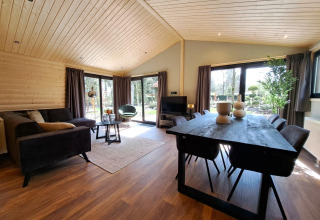 Soggiorno moderno nella lodge Hackfort Wood Hottub 6, De Utrechtse Heuvelrug, Paesi Bassi, con finestre ampie.