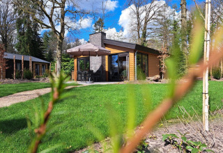 Lodge Hackfort Wood Hottub 6 en De Utrechtse Heuvelrug, Países Bajos, rodeado de césped verde y árboles frondosos.