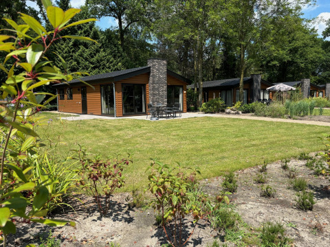 View of Hackfort Wood Hottub 6 lodge at De Utrechtse Heuvelrug, Netherlands, surrounded by lawn and trees.