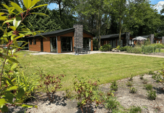 Vue sur le lodge Hackfort Wood Hottub 6 à De Utrechtse Heuvelrug, Pays-Bas, entouré de verdure et d'arbres.