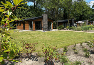 Vista del lodge Hackfort Wood Hottub 6 en De Utrechtse Heuvelrug, Países Bajos, rodeado de césped y árboles.