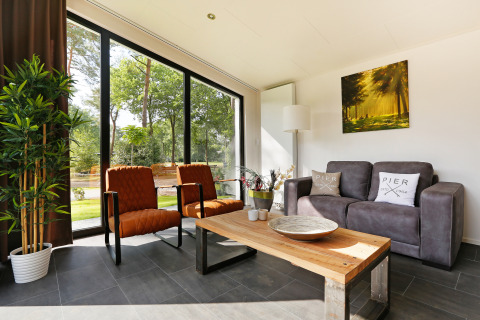 Moderne woonkamer in Bos Lodge op Holiday Resort 't Schuttenbelt, met grote ramen en stijlvolle inrichting.