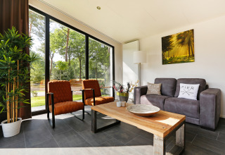 Helles Wohnzimmer in der Bos Lodge im Ferienpark 't Schuttenbelt mit großen Fenstern und moderner Einrichtung.