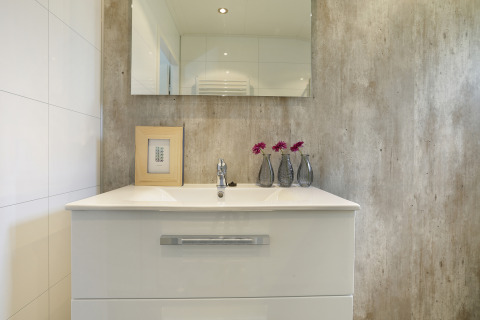 Lavabo moderno, espejo y jarrones con flores en el Bos Lodge del Holiday Resort 't Schuttenbelt, Países Bajos.