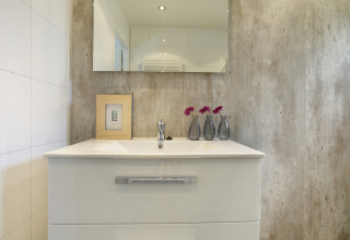 Lavabo moderno, espejo y jarrones con flores en el Bos Lodge del Holiday Resort 't Schuttenbelt, Países Bajos.