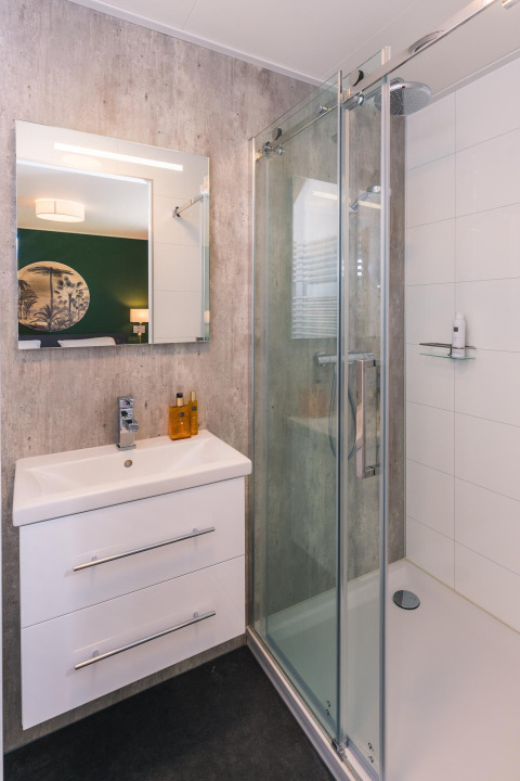 Moderne badeværelse med brusekabine, spejl og vask på Bos Lodge, Holiday Resort 't Schuttenbelt, Holland.