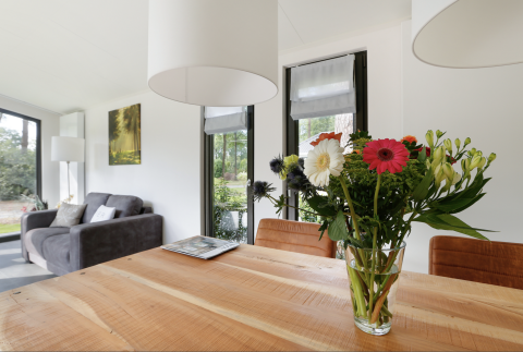 Intérieur lumineux du lodge avec bouquet de fleurs sur la table, canapé et grandes fenêtres, Forest lodge Pays-Bas.