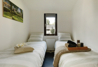 Zwei Einzelbetten in einem gemütlichen, hellen Zimmer im Forest Lodge Ferienresort in den Niederlanden.
