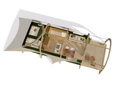 Overhead view of a Tent Lodge XL with sanitary facilities at Holiday Resort 't Schuttenbelt in the Netherlands.