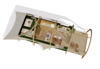 Overhead view of a Tent Lodge XL with sanitary facilities at Holiday Resort 't Schuttenbelt in the Netherlands.