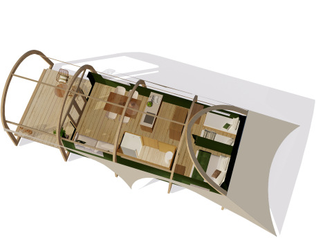 Luftaufnahme des Safari-Zelts Tent lodge XL mit Bad im Holiday Resort 't Schuttenbelt in den Niederlanden.