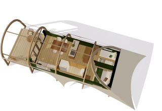 Luchtfoto van grote safari Tent lodge XL met privé sanitair op Holiday Resort 't Schuttenbelt, Nederland.