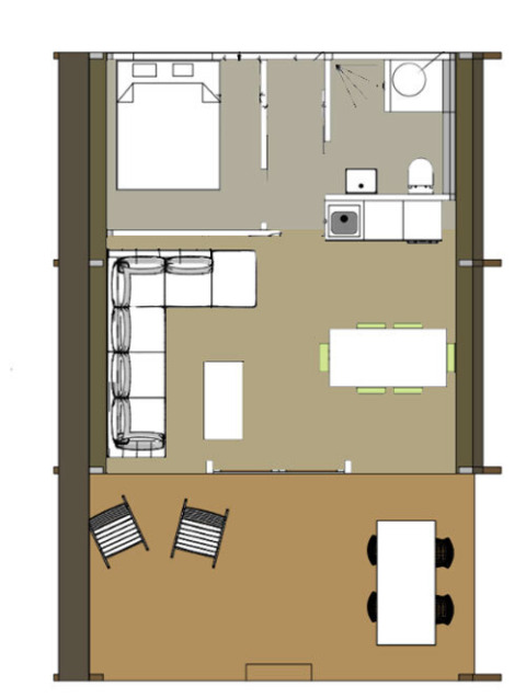 Plattegrond van safaritent lodge met slaapkamer, badkamer, zitruimte en terras in vakantiepark.