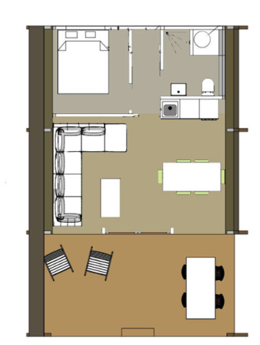 Floor plan of safari tent lodge with bedroom, bathroom, living space, and terrace in a holiday resort.