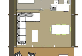 Grundriss eines Safari-Zeltes mit Schlafzimmer, Bad, Wohnraum und Terrasse im Ferienresort.