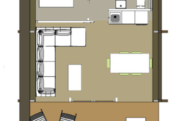 Plano de tienda safari con dormitorio, baño, sala de estar y terraza en un resort vacacional.