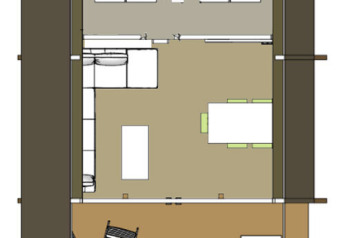 Plantegning af Safari Tent Lodge XL med sanitære faciliteter på Holiday Resort 't Schuttenbelt, Holland.