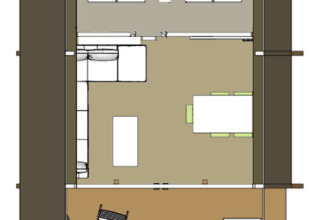 Plan de la tente Safari Lodge XL avec sanitaires au Holiday Resort 't Schuttenbelt, aux Pays-Bas.
