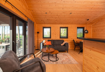 Cozy wooden lodge living area with modern furnishings and terrace view at Holiday Resort 't Schuttenbelt, Netherlands.