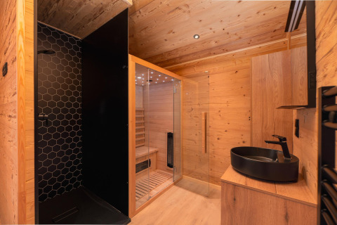 Modernes Badezimmer mit schwarzer Dusche, Sauna und schwarzem Waschbecken in der Terrace Lodge, Niederlande.