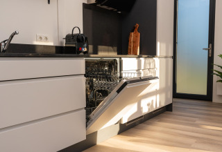 Modern kitchen in Vogellodge at Holiday Resort 't Schuttenbelt, Netherlands, with open dishwasher.