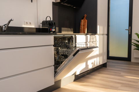 Modern kitchen in Vogellodge at Holiday Resort 't Schuttenbelt, Netherlands, with open dishwasher.