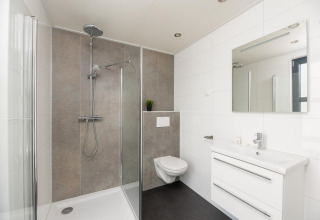 Moderne badeværelse i Vogellodge med bruseniche, væghængt toilet, spejl og hvid vask på 't Schuttenbelt.