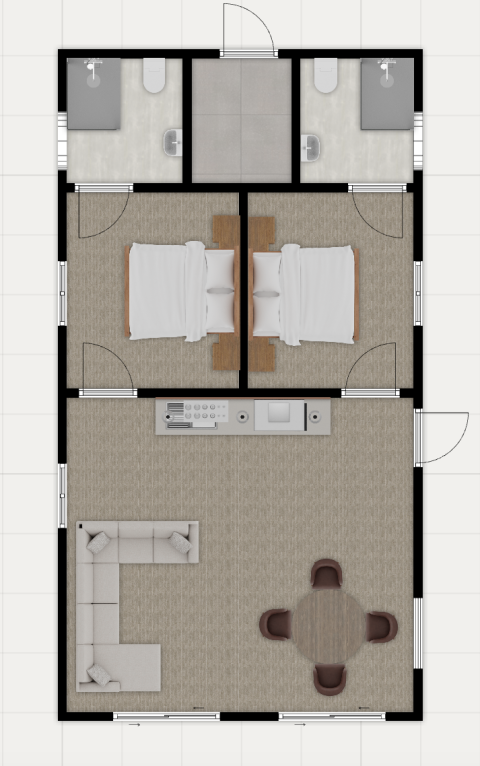 Plattegrond van Vogellodge met twee slaapkamers, woonkamer, eetruimte, keuken en twee badkamers.