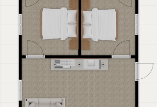 Plano de la Vogellodge con dos dormitorios, sala, comedor, cocina y dos baños en el resort.