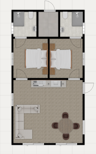 Plano de la Vogellodge con dos dormitorios, sala, comedor, cocina y dos baños en el resort.