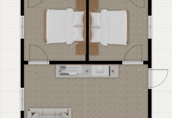 Plattegrond van Vogellodge met twee slaapkamers, woonkamer, eetruimte, keuken en twee badkamers.