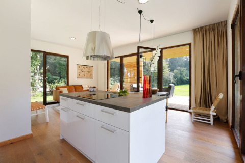 Moderne woonkamer en keuken in Woody Lodge Florian bij vakantiepark 't Schuttenbelt in Nederland, uitzicht op tuin.