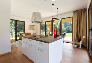 Modern living area and kitchen in Woody Lodge Florian at 't Schuttenbelt holiday resort in the Netherlands with garden view.