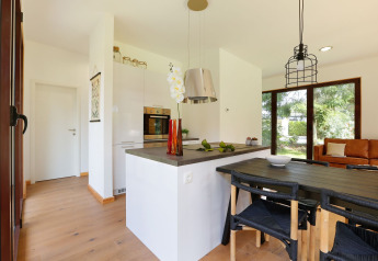 Modern lodge kitchen and dining area with large windows, wooden floors, and garden views in the Netherlands.