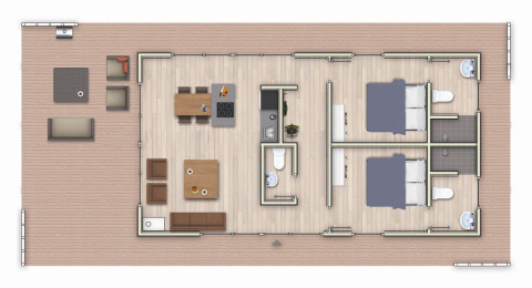 Pianta di un alloggio glamping con due camere da letto, cucina aperta, soggiorno e terrazza esterna.