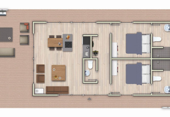 Plano de alojamiento glamping con dos dormitorios, cocina abierta, sala de estar y terraza exterior.