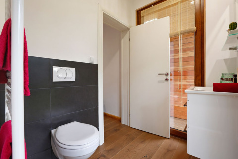 Salle de bain moderne au Woody Lodge Valerie avec toilettes suspendues, lavabo et accès à un sauna.