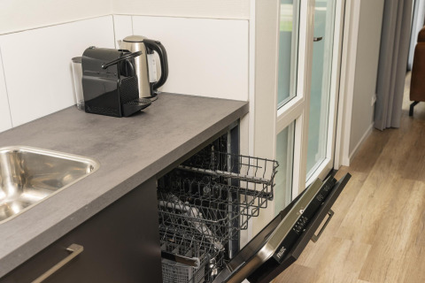 Kleine kitchenette met vaatwasser, koffiezetapparaat en waterkoker in The Water Lily, Holiday Park De Lochemse Berg.