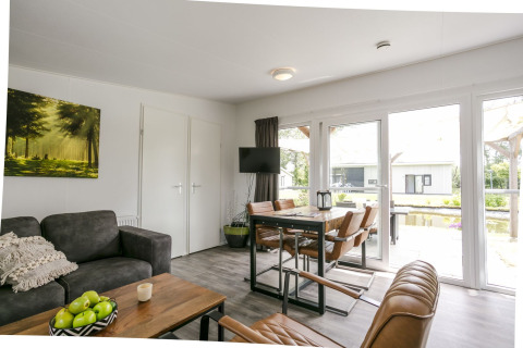 Moderne woonkamer in Lodge Mistique, Vakantiepark De Lochemse Berg, Nederland, met veel licht en ramen.