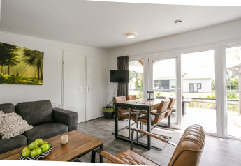Moderne woonkamer in Lodge Mistique, Vakantiepark De Lochemse Berg, Nederland, met veel licht en ramen.