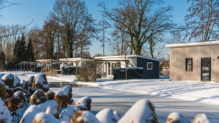 Verschneite Lodges im Holiday Park De Lochemse Berg, Niederlande, mit Bäumen an einem sonnigen Wintertag.