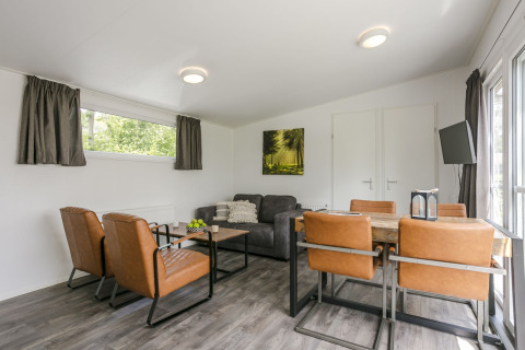 Woonkamer in Lodge Mistique op Vakantiepark De Lochemse Berg in Nederland, met bruine stoelen en bank.