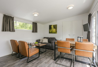 Woonkamer in Lodge Mistique op Vakantiepark De Lochemse Berg in Nederland, met bruine stoelen en bank.