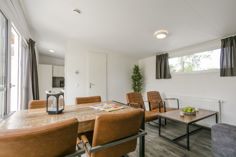 Moderne woon- en eetkamer in Lodge Mistique, vakantiepark De Lochemse Berg, Nederland.