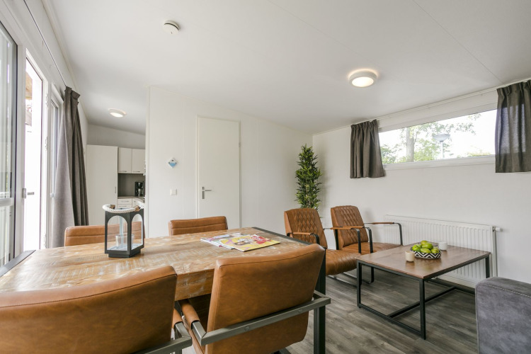 Moderne woon- en eetkamer in Lodge Mistique, vakantiepark De Lochemse Berg, Nederland.