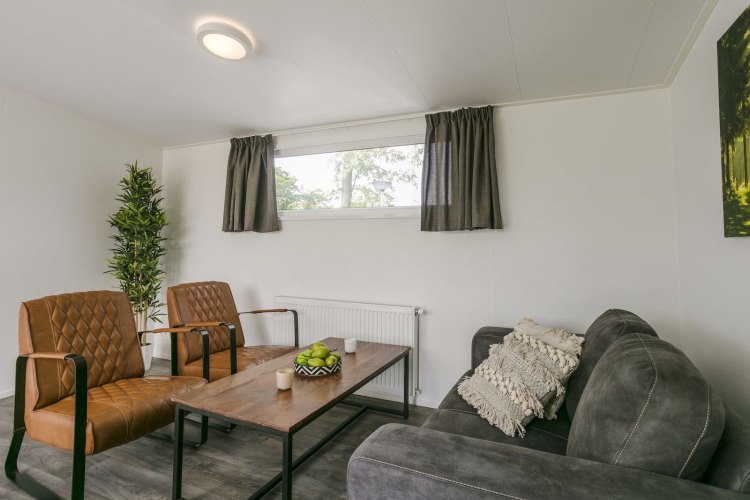 Woonkamer in Lodge Mistique op Holiday Park De Lochemse Berg met moderne meubels en een gezellige sfeer.