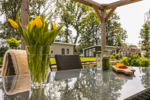 Udendørs terrasse ved Lodge Mistique på Holiday Park De Lochemse Berg, med blomster og snacks på bordet.